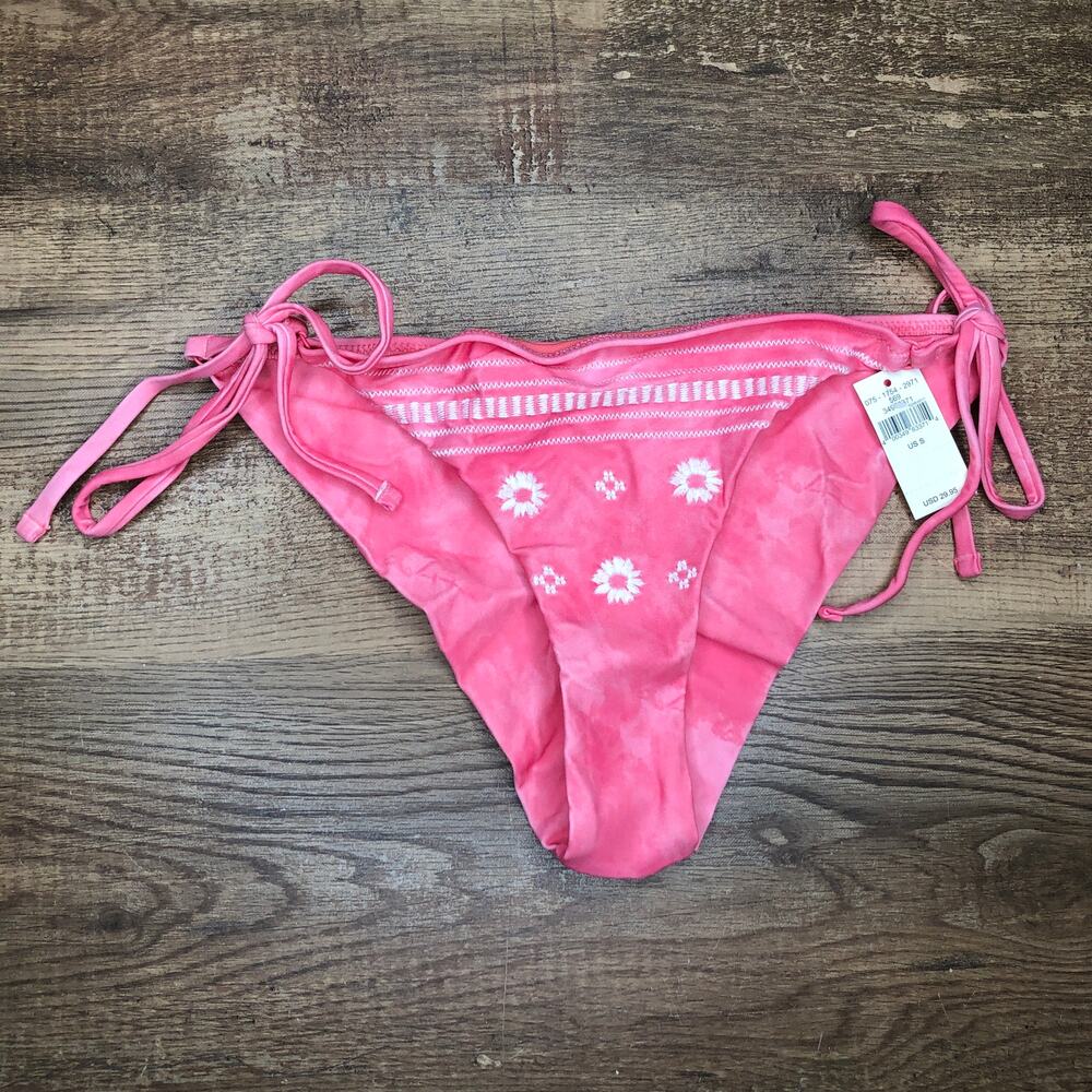 Aerie Embroidered Tie Cheekier Bikini Bottom Size Small Pink White Tie Dye NWT